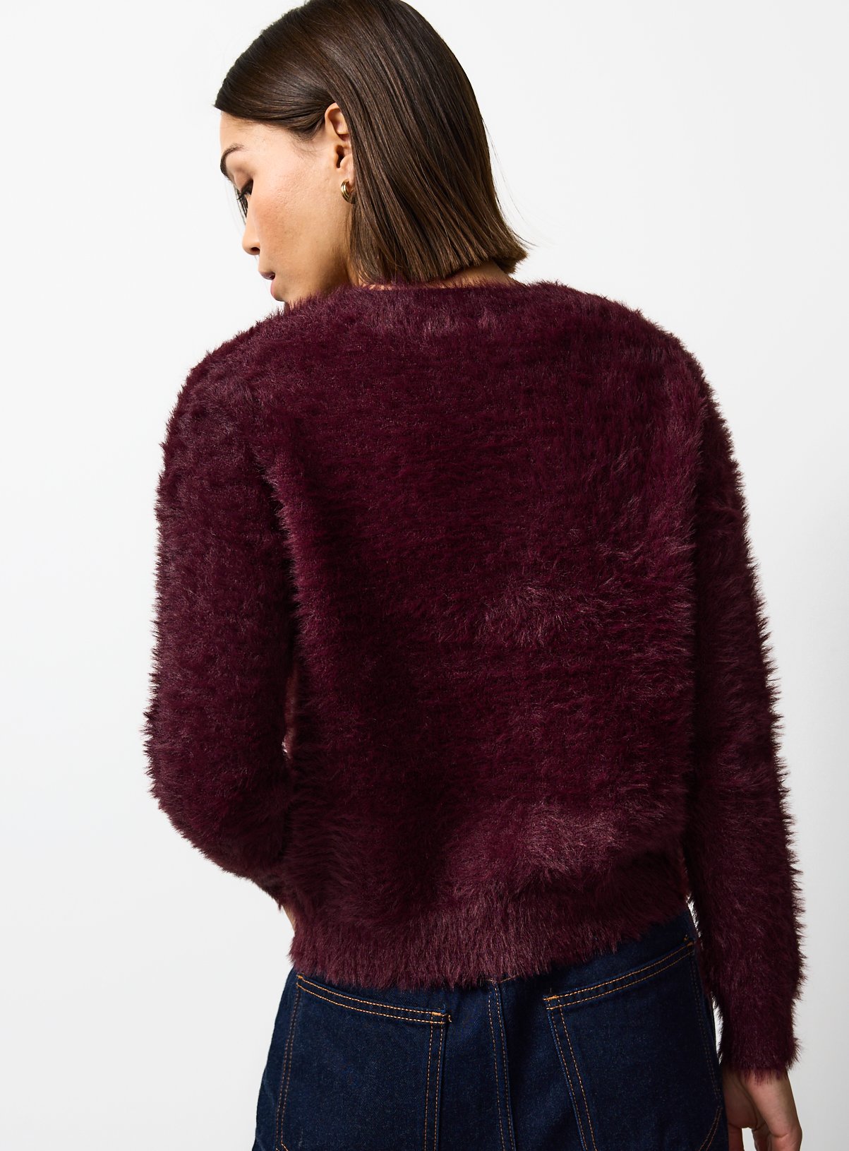 Dark Red Crew Neck Eyelash Knit Cardigan 18 - Image 4 thumbnail